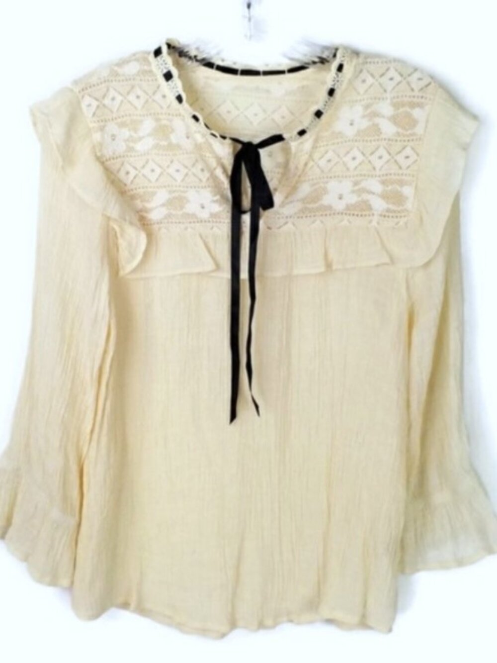 E & M Cream Lace Ruffle Semi Sheer Tie Neck Boho Blouse Women Large NWOT